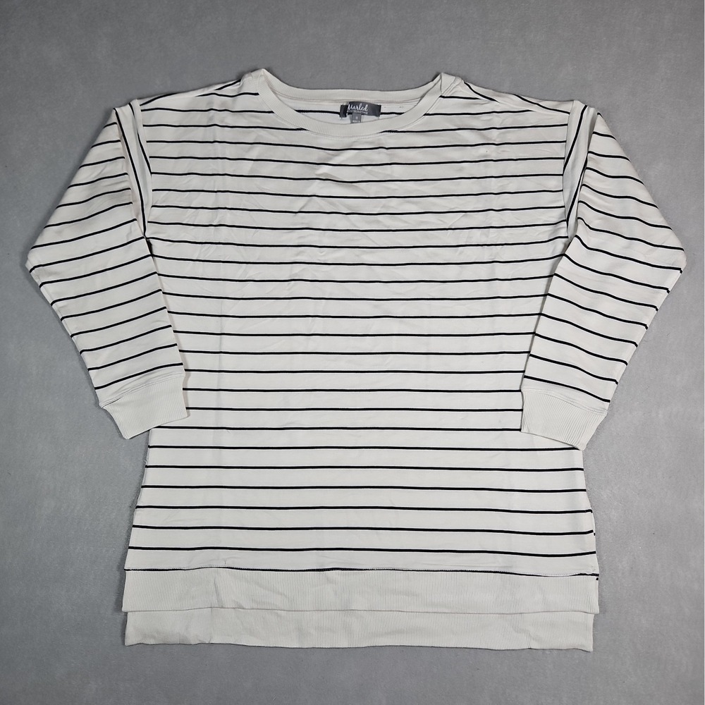 Marled Womens White Black Striped Crew Neck Sweatshirt Size Medium NWOT